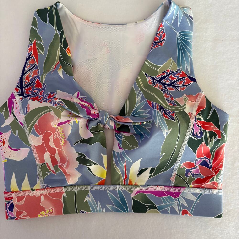 Mono B Sports Bra Blue Lei Print Floral Front Tie Workout Active Size Small